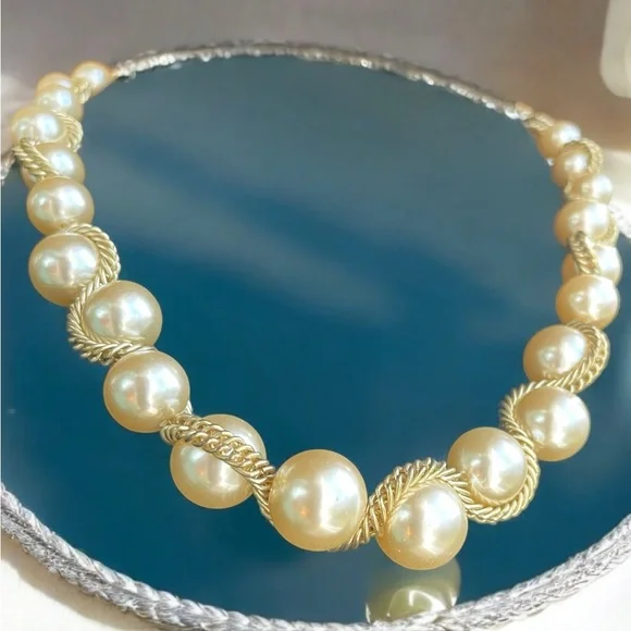 Kenneth J Lane Graduated Faux Pearls Wrapped in Gold Tone Double Chain Necklace